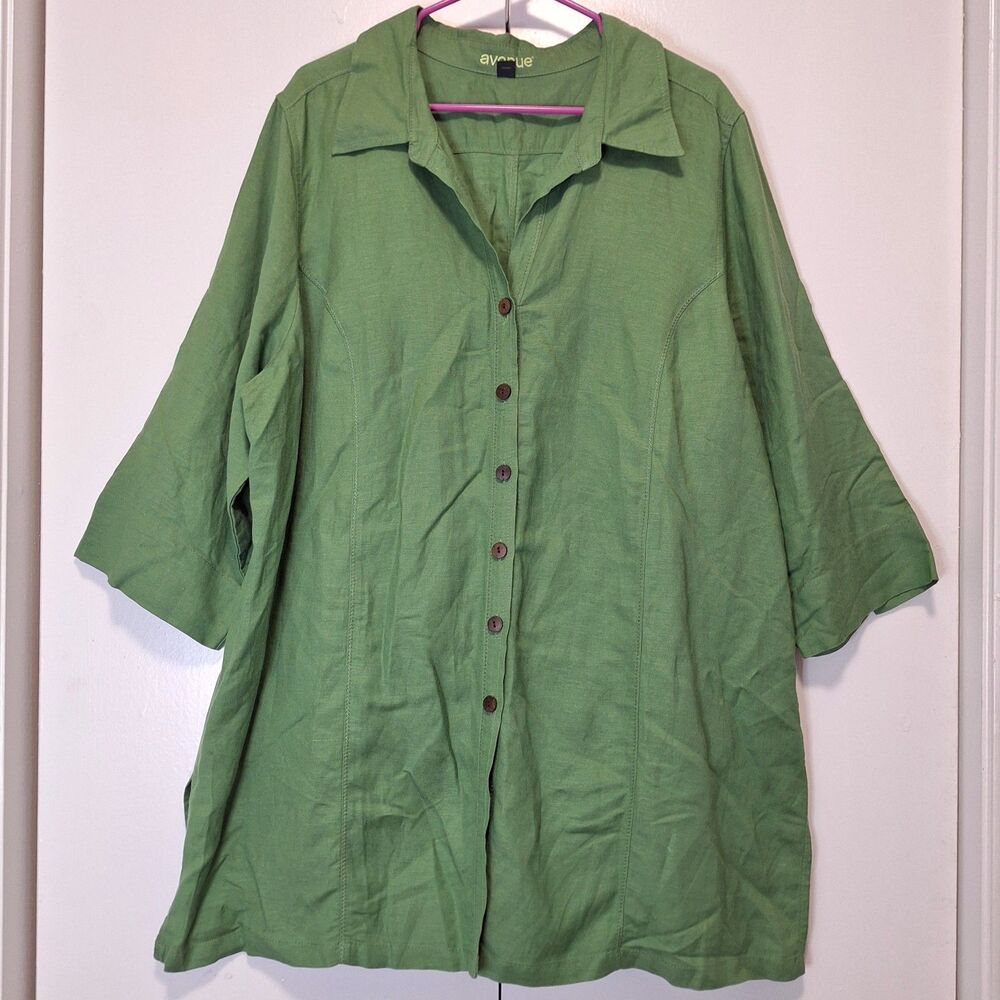 Avenue Womens Green Linen Blend Button up Shirt Size 22/24